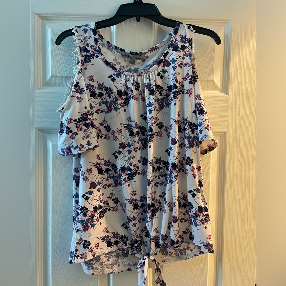 Absolutely Famous Floral Cold Shoulder Blouse - Purple and White
